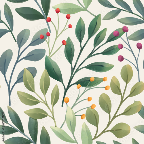 Seamless watercolor floral background. Botanical digital painted pattern. Trendy leaves illustration for fabric  wallpaper.