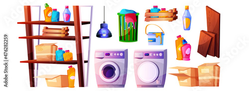 Vector cartoon set of household chemicals, basket for dirty linen, washing and dryer machine. Laundry room with cleaning supplies, wooden shelves with cardboard boxes and detergents in plastic bottles
