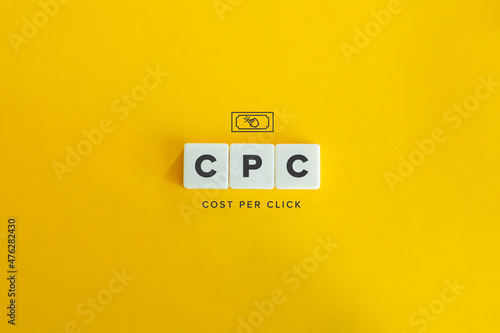 Cost Per Click (CPC) Banner and Icon. Block letters on bright orange background. Minimal aesthetics.
