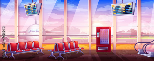 Cartoon vector illustration of empty airport lounge with waiting area. Terminal interior with schedule display, seats, escalator and vending machine. Departure hall with window and aircraft outside.