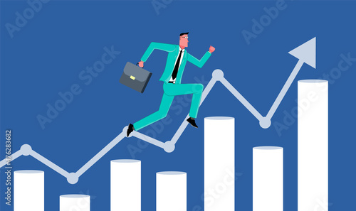 Businessman runs up the business growth chart. Business growth 