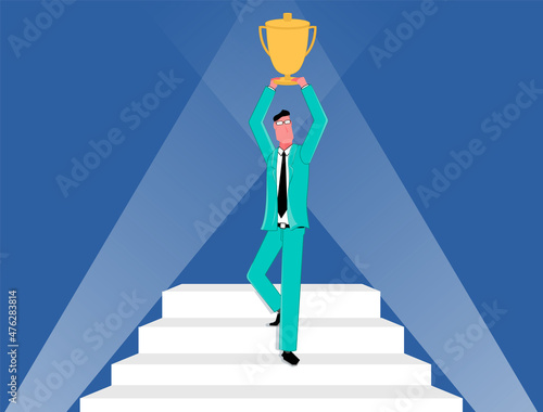 Businessman comes down the steps with the footlights and holds the winner's trophy. Business award