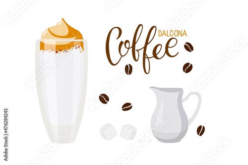 Dalgona coffee set. Clear glass with creamy drink. Foamy whipped coffee with milk. Glass, coffee lettering, creamer, sugar cubes. Drinks Advertising for pub, bar, restaurant menu, party decor.