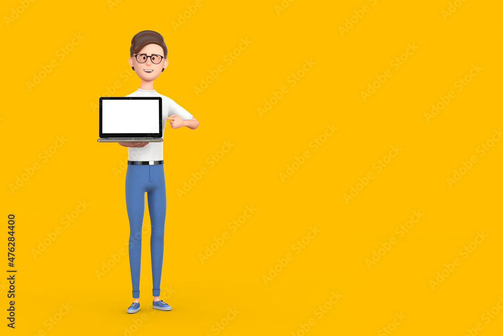 Cartoon Character Person Man Hold Laptop with Blank Screen for Your Design. 3d Rendering Cartoon Character Person Man Hold Laptop with Blank Screen for Your Design. 3d Rendering
