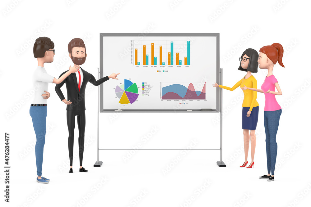 Business Team Cartoon Characters Meeting and Talking in front of Office Whiteboard with Charts and Diagrams. 3d Rendering Business Team Cartoon Characters Meeting and Talking in front of Office Whiteboard with Charts and Diagrams. 3d Rendering