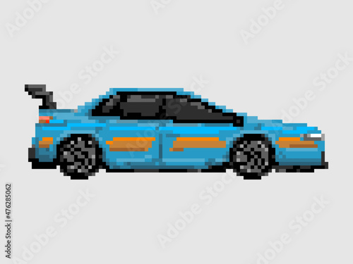 Illustration of blue street race car in pixel art style