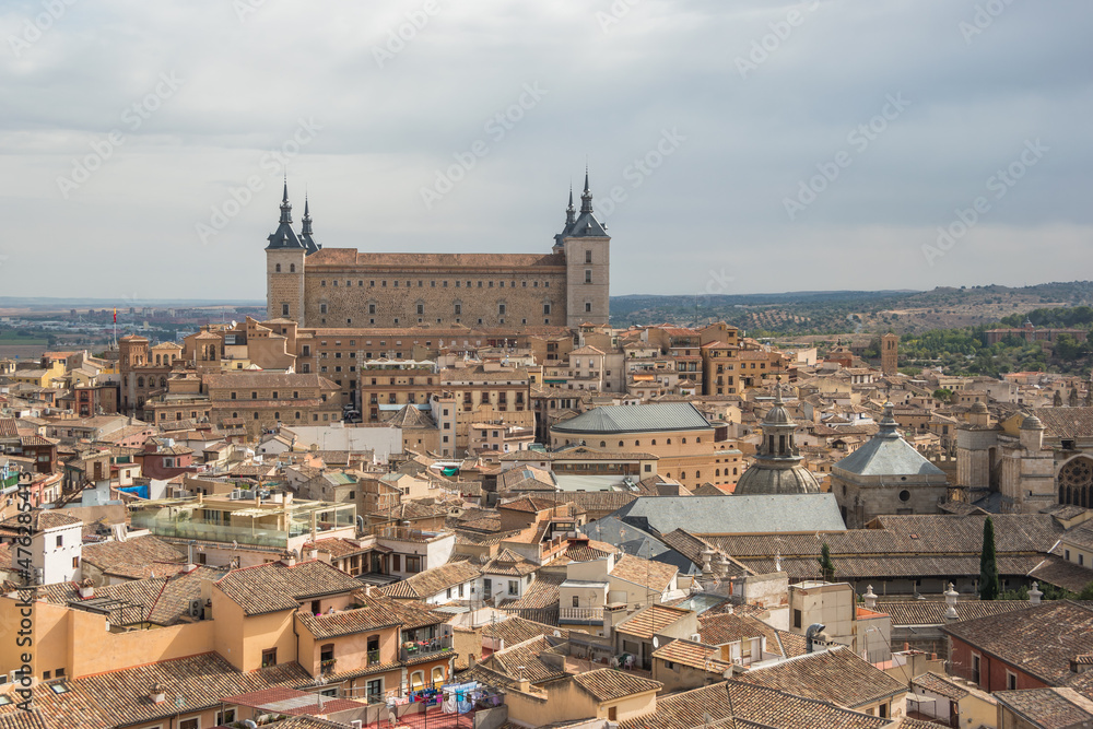 Panoramic view of Toledo and it's castle (Alcazar of Toledo), from a viewpoint at the Jesuit church - Toledo, Spain