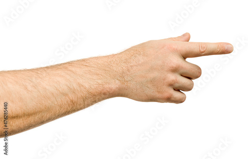 male outstretched hand pointing at something with index finger, isolated on white background
