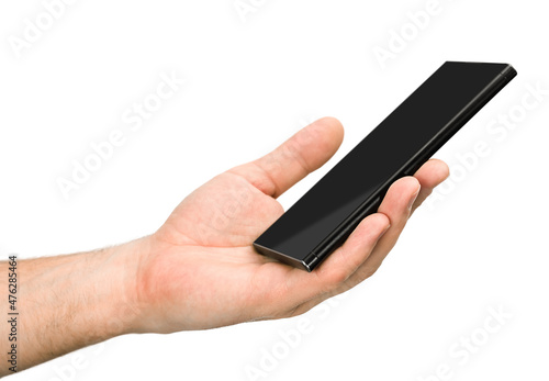 male hand holding a smartphone isolated on white background, sketchy view
