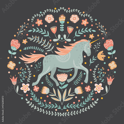 Unicorn and floral motives, illustration in folk art style.