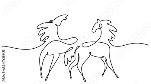 Standing horses on pasture. Continuous one line drawing. Horse logo.