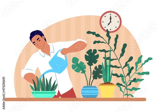 Man watering houseplants, vector illustration. Housework, household chores, housekeeping, hobby.