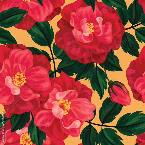 Ornate floral print with large flowers, wild rose buds and leaves. Seamless pattern with pink flowers, green leaves of wild rose on a yellow background. Botanic background design in vector.