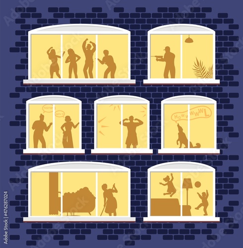 Multistorey apartment house windows with noisy neighbors dancing, screaming, drilling wall, playing loudly, vector.