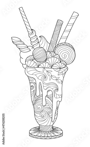 Hand drawn doodle milkshake ice-cream dessert. Coloring book page for adults. Zentangle style
