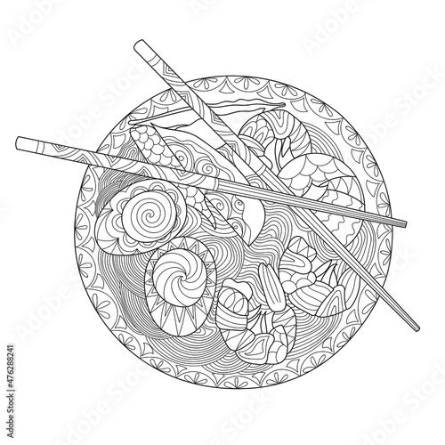 Ramen coloring book page. Antistress. Zentangle style. Adult or children coloring. Sketch. Asian noodle soup with shrimps, eggs. Japanese sticks. Delicious Korean food. Hand drawn illustration