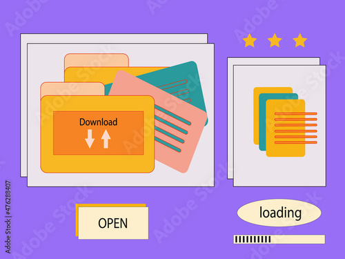 Notification window retro. Uploading and downloading a document. Pop up on the computer desktop. Open folders with contracts and reports. Browser interface with popup modal windows.Vector illustration