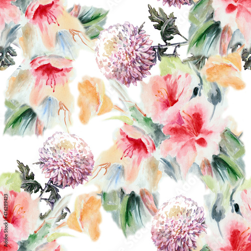 Collage of watercolor flowers. Floral seamless pattern.