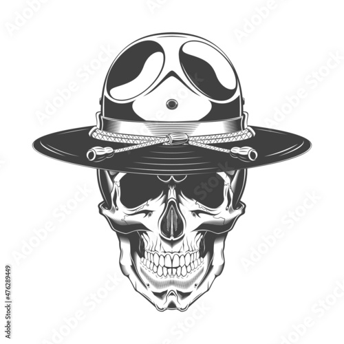 Vintage monochrome illustration of skull with police headdress. Isolated vector template