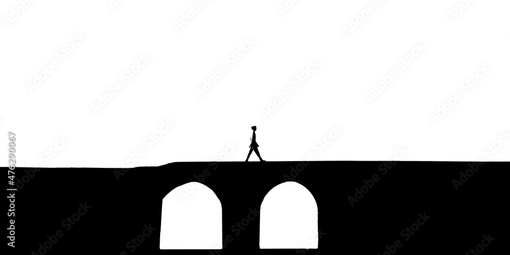 Illustrated silhouette of a girl walking on a bridge with arches Stock ...