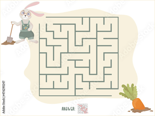 Children's puzzle game. Labyrinth. Educational logic games. Help the rabbit find the carrot. Vector illustration.
