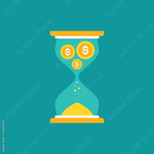 Time is money. Golden hourglass, Sand watch with dollar coins and sand.