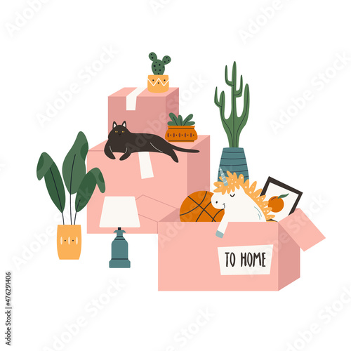 Vector illustration with packed cardboard boxes, homeplants, toys and other belongings.