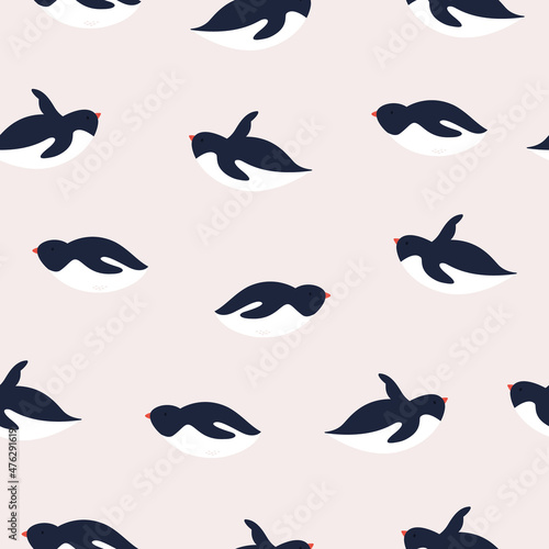 Vector seamless pattern with cute funny penguins