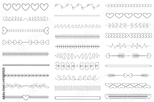 Set of calligraphic hand drawn dividers. Vintage ornaments, chapter dividers, borders, laurels, arrows. Doodle thin line art vector illustration. Isolated element. For decorating paper documents.