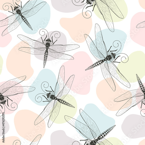 Seamless dragonfly pattern isolated on abstract background. Flat vector illustration with insects.