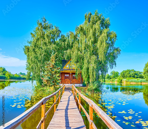 The stilt bridge to the Fisherman's House, Old Solotvyn, Ukraine photo