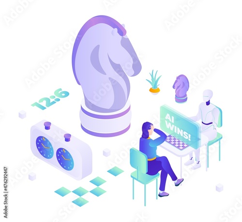 Robot machine and woman playing chess, flat vector isometric illustration. AI wins. Robots superiority. AI vs human.