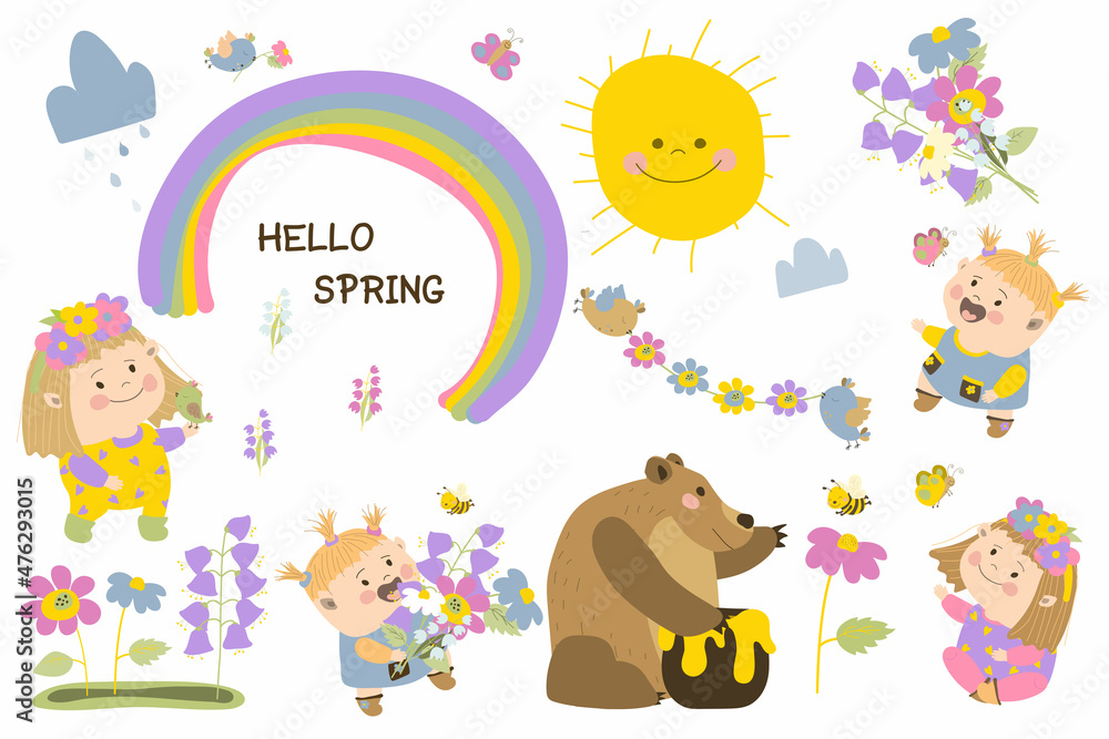 Spring set on a white background. Cute little girls with flowers. Brown bear eating honey. Vector illustration in cartoon style. Hand drawing. For print, web design Spring set on a white background. Cute little girls with flowers. Brown bear eating honey. Vector illustration in cartoon style. Hand drawing. For print, web design
