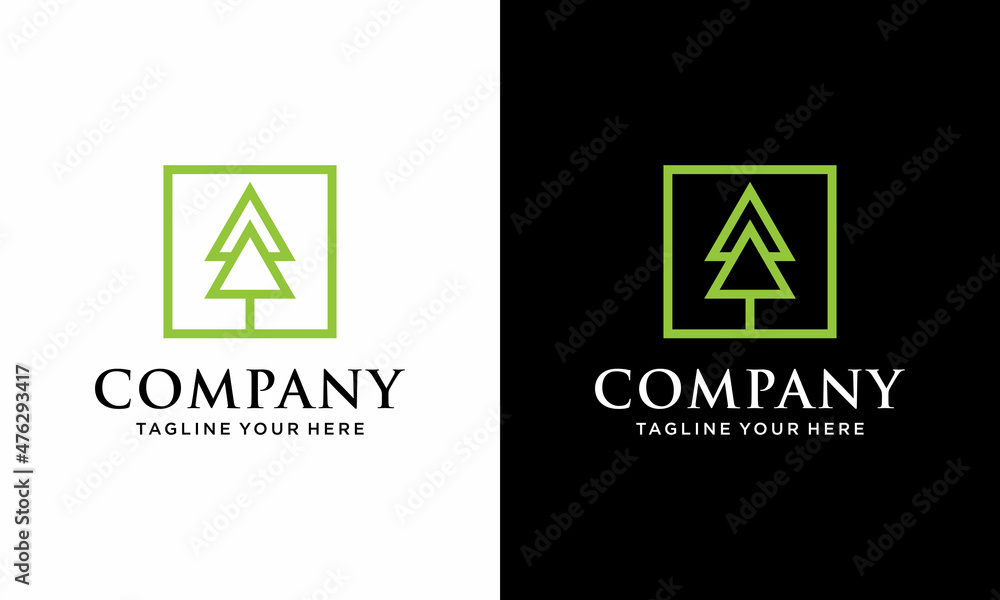 Pine tree logo design template.Abstract tree icon line art. on a black and white background. Pine tree logo design template.Abstract tree icon line art. on a black and white background.