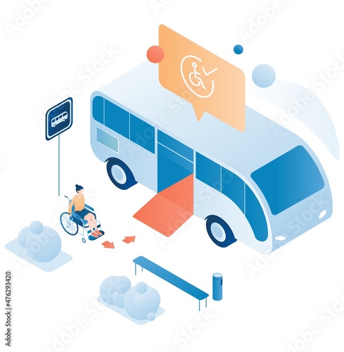 Woman in wheelchair boarding city bus with access ramp. Public transport accessibility. Barrier free environment, vector