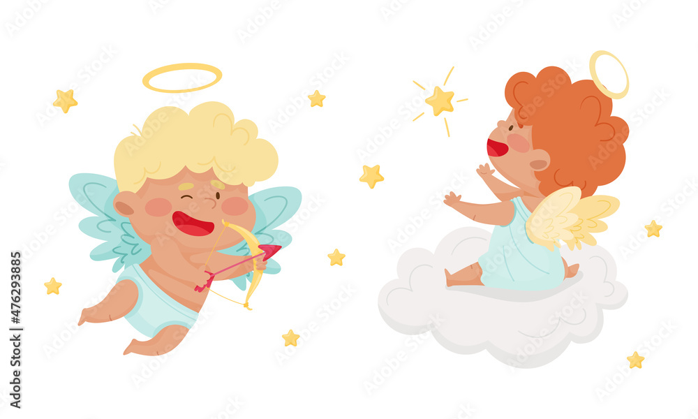 Cute baby angels with nimbus and wings. Lovely angelic little children playing in the sky vector illustration