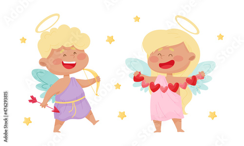 Cute baby angels with nimbus and wings. Happy smiling angelic little children vector illustration