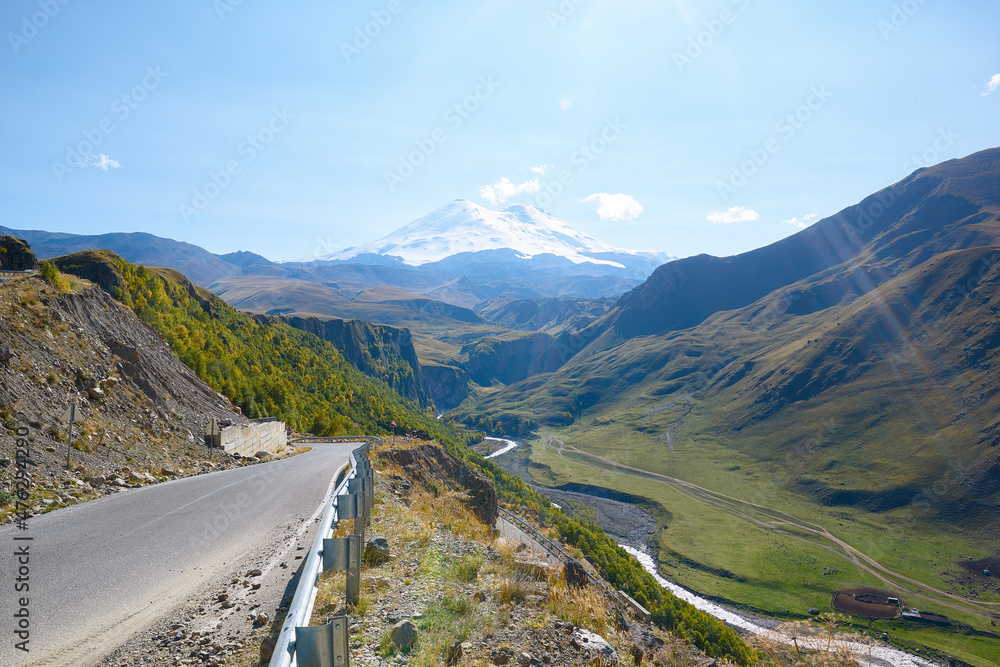 Beautiful views of Elbrus along the mountain road to the Dzhily Su tract. Beautiful views of Elbrus along the mountain road to the Dzhily Su tract.