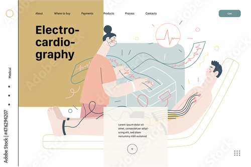 ECG electrocardiography - medical tests web template. Modern flat vector