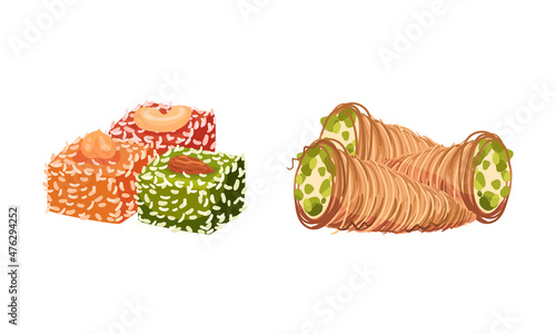 Middle east desserts set. Traditional oriental cuisine sweet tasty dishes vector illustration