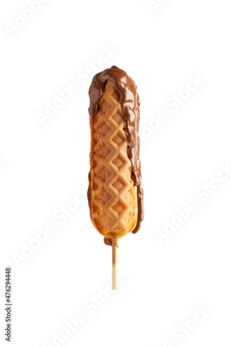 waffle stick glazed with chocolate melted. white background