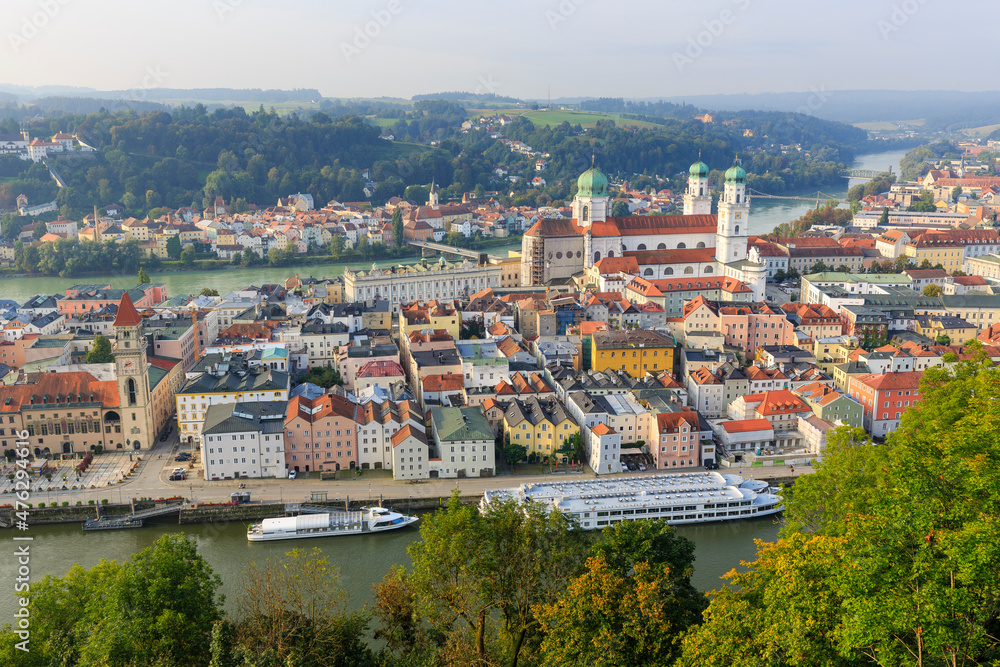 Bavarian City Passau, City view with Donau, Inn River and Cathedral, Germany