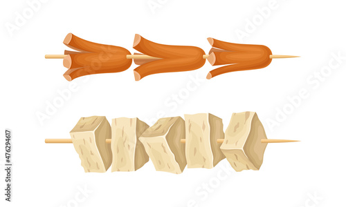 Skewered street food set. Sausages and tofu hot snacks on skewers vector illustration