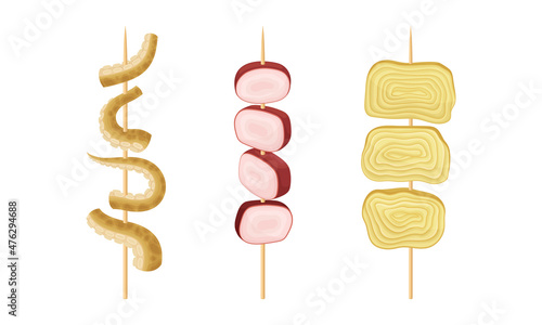 Skewered street food set. Hot spicy Asian snacks on sharp wooden skewers vector illustration