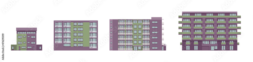 Modern apartment detached buildings set, architecture urbanscape. Residential city living, commercial use, multi-storey office building. Vector flat style cartoon illustration, modular sections