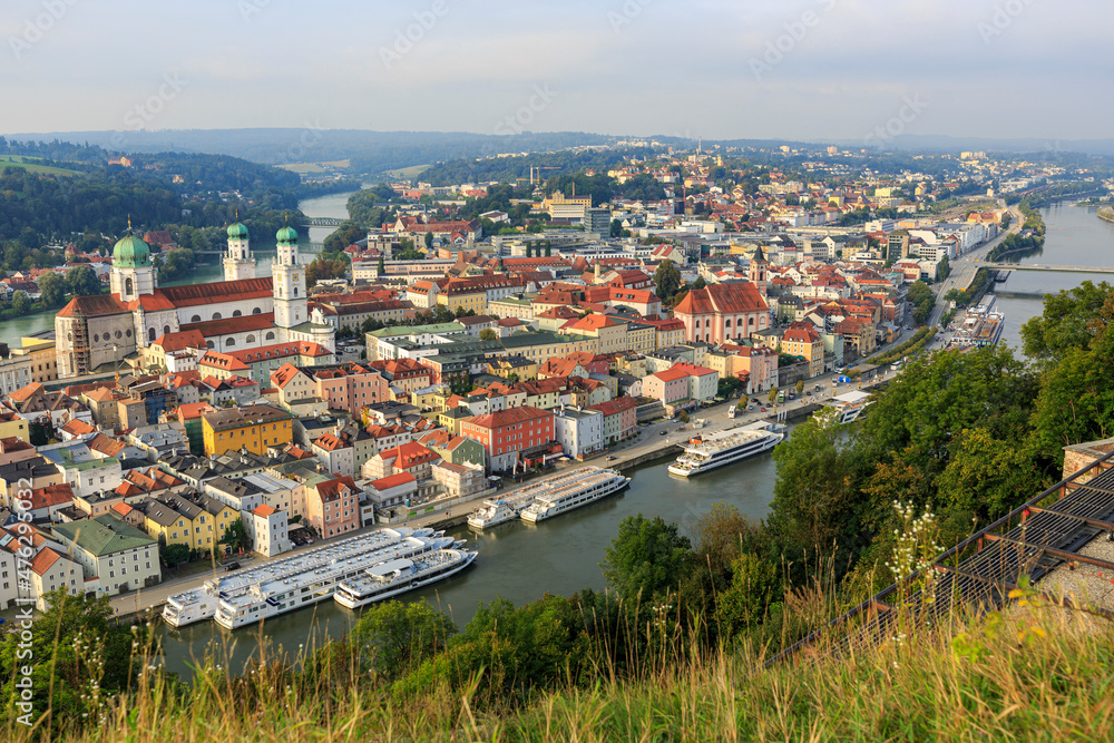 Bavarian City Passau, City view with Donau, Inn River and Cathedral, Germany