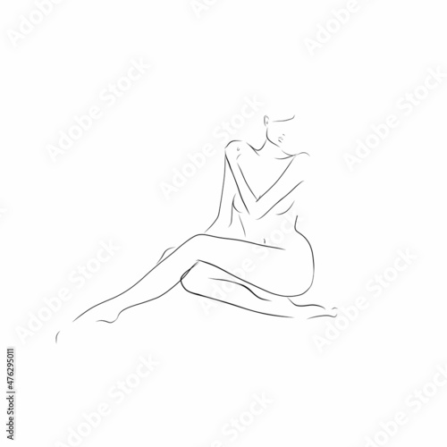 Young naked woman in sitting pose. Female body, figure. Line drawing, sketch. Vector