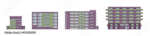 Modern apartment detached buildings set, architecture urbanscape. Residential city living, commercial use, multi-storey office building. Vector flat style cartoon illustration, modular sections