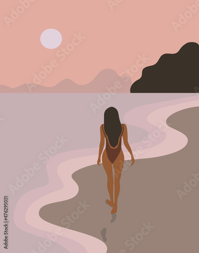 Attractive girl walks on the beach alone. Summer vacation, travel, vacation. Beautiful colors. Vector illustration. banner.