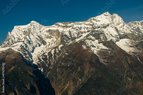 panorama view of Mount Everest massif Nuptse, Lhotse and Ama Dablam from Namche Bazar, Himalayas, Nepal. photo